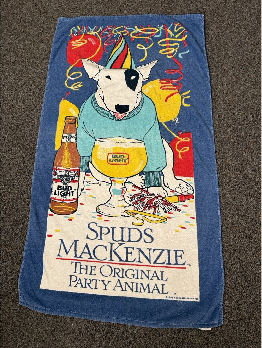 Vintage 88' Beach Towel Bud Light Spuds MacKenzie Dog The Original Party Animal